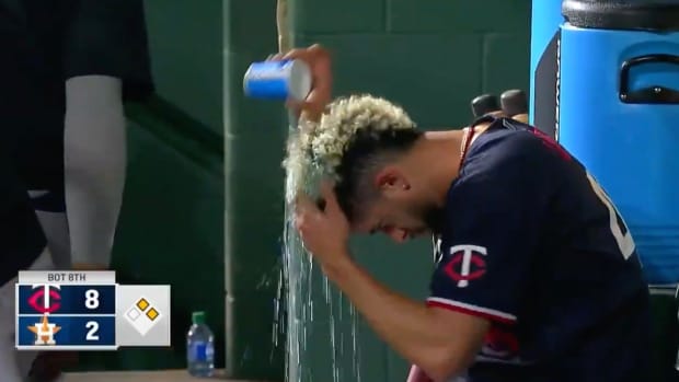 Jorge Lopez pours Powerade on his head
